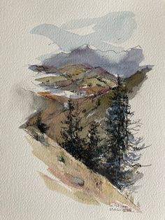 a watercolor painting of trees and mountains