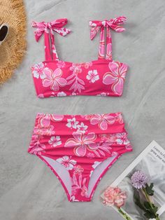 Hot Pink  Collar   Floral  Embellished High Stretch  Women Clothing Cute Bathing Suits High Waist, Cute High Waisted Bathing Suits, Cute Bathing Suits For Teen Girl, Cute Bathing Suits For Ages For 10-12, Swimsuit For 13 Yo, Cute Bathing Suits For 10-12, Pink Floral Swimsuit, Preppy Swimsuits For Teens, Summer Swimsuits For Teens