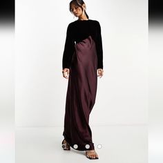 Asos Design Satin Batwing Bias Cut Maxi Dress With Contrast Velvet Bodice In Burgundy Asos Maxi Dress, Satin Style, Velvet Maxi Dress, Maxi Bridesmaid Dresses, Bridesmaid Dress Sizes, Beach Maxi Dress, Maxi Dress Wedding, Asos Dress, Maxi Slip Dress