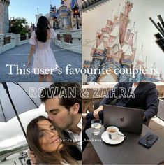 a man and woman sitting at a table in front of a castle with an umbrella