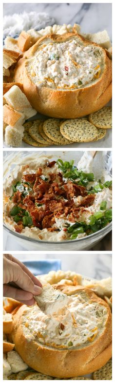 the process of making bread with cheese and other toppings on it is shown in three different pictures