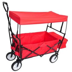 a red and black cart on wheels with a cover over the top that is attached to it