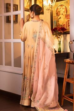 Beige anarkali with multicolour thread embroidered floral heart patterns highlighted by pearls. Comes with embroidered dupatta. - Aza Fashions Beige Anarkali, Anarkali With Dupatta, Embroidered Anarkali, Embroidered Dupatta, Floral Heart, Heart Patterns, Mandarin Collar, Anarkali, Aza Fashion