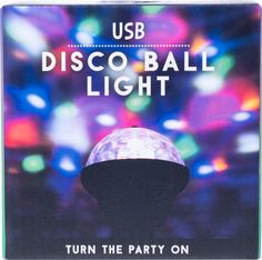 the disco ball light is on display in front of colorful bouncy lights and text that reads, usb disco ball light turn the party on