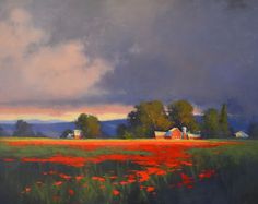 an oil painting of a field with red flowers in the foreground and a barn in the background