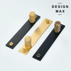 three different types of brass and black items on a white background with the words design max above them