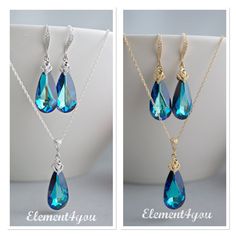 "A sparkly 24x12mm Swarovski Bermuda Blue faceted teardrop pendant with CZ bail necklace and matching earrings.   The teardrop crystals changes color at different angle from brilliant blue to alluring sea green making them one of the most beautiful peacock blue earrings you will ever see. The post it earrings are hypoallergenic rhodium, gold or rose gold plated, embellished with cubic zirconia. The total length measures approximately 1.5 inches long.  The necklace chain cones in sterling silver, 14k rose gold filled , or 14k gold filled rope chain. Choice of 16\", 18\", or 20\" long.  Please state your preference at check out. Item will arrive in  a nice gift box ready for gifting - see last picture for reference. Link to just earrings: https://www.etsy.com/listing/228095471/swarovski-berm Blue Teardrop Jewelry Sets For Formal Occasions, Elegant Turquoise Jewelry Set For Party, Elegant Turquoise Jewelry Sets For Wedding, Elegant Turquoise Wedding Jewelry Sets, Peacock Jewelry, Blue Crystal Necklace, Beautiful Peacock, Etsy Bridesmaid Gifts, Teardrop Pendant