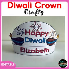 a diwali crown with the words happy diwali elizabeth on it