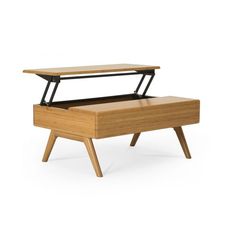 a small wooden table with an open drawer on it's top and one shelf underneath