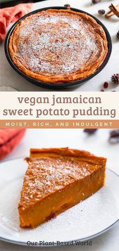 vegan jamaican sweet potato pudding recipe on a white plate with the title overlay