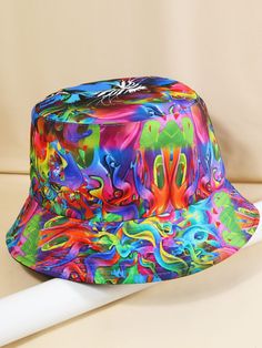 Multicolor Casual   Cotton Graphic Bucket Hat Embellished  Spring/Fall Women Accessories Rainbow Bucket Hat, Mode Hip Hop, Tie Dye Bucket Hat, Hat Png, Black Bucket Hat, Black Bucket, Style Korea, Sun Hats For Women, Estilo Hip Hop