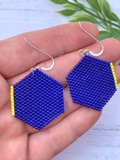 Royal Blue Seed Bead Earrings Geometric Earrings Blue Hexagon - Etsy Blue Hypoallergenic Beaded Earrings As Gift, Blue And Yellow Beaded Earrings, Handmade Blue Geometric Earrings, Blue Flower-shaped Beaded Earrings, Unique Blue Beaded Earrings Nickel-free, Minimal Earrings, Yellow Earrings, Geometric Earrings, Modern Earrings