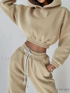 Lasaky - Womens Casual Solid Two-Piece Set: Long Sleeve Crop Hoodie and Drawstring Pants Outfit Drawstring Pants Outfit, Crop Hoodie, Womens Casual, Long Sleeve Crop, Drawstring Hoodie, Drawstring Pants, Two Piece Sets, Cropped Hoodie, Pants Outfit