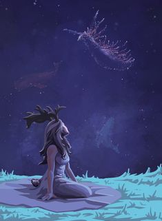 a woman sitting in the snow looking up at a sky filled with stars and fireworks