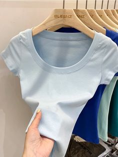 Square Collar Slim T Shirt Women Cotton Elastic SizeS: Shoulder:46cm Bust Size:68-78cm Length:50cm Sleeve Length:11cmM: Shoulder:47cm Bust Size:72-82cm Length:51cm Sleeve Length:12cmL: Shoulder:48cm Bust Size:76-92cm Length:52cm Sleeve Length:13cmXL: Shoulder:49cm Bust Size:80-96cm Length:53cm Sleeve Length:14cmSize mearsured by ourselves,sometimes has some errors, but always within 3cm."- ": refers to the elastic range of the clothes. Basic Solid Color Cotton Tops, Fitted Cotton T-shirt In Solid Color, Basic Stretch Solid Color T-shirt, Cotton Scoop Neck Solid Color Tops, Basic Stretch T-shirt In Solid Color, Basic Stretch Plain Tops, Stretch Cotton T-shirt With Scoop Neck, Cotton T-shirt With Scoop Neck In Solid Color, Blue Cotton T-shirt With Scoop Neck