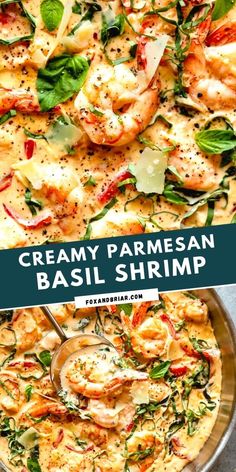 the creamy parmesan basil shrimp is ready to be served on top of the pizza