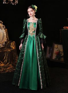 Green Renaissance Birthday Party Princess Dress for Women   Condition: Brand New  Color:Green  Material: This dress made of High Quality Satins, soft,smooth and comfortable to wear  Sleeve Length: Long Flare Sleeve  Dresses Length:Floor-Length  Neckline: amp;nbsp; Square Collar  Decoration: Ruffles + Lace  Package Includes: Dress + Hat   The length of skirt about 45 inches (114 cm) long from waist to hem regardless of size. This dress is pictured with a 6-hoop skirt Petticoat underneath to achie Green Victorian Dress, Masquerade Party Dresses, Emerald Green Gown, Baroque Dress, 18th Century Costume, European Dress, Stunning Prom Dresses, Flare Sleeve Dress, Green Retro