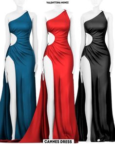 three different colored dresses on mannequins in front of a white background with text