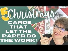 a woman in glasses points at the camera and says christmas cards that let the paper do the work