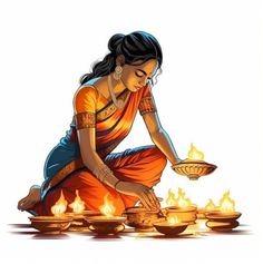 a woman sitting on the ground with fire in front of her and holding a bowl