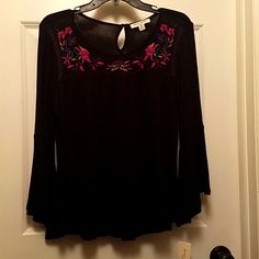 Studio Works Top Size Pm Black 3/4 Sleeved Scoop Neck Blouse Front Embroidered Brand New With Tags Closet Studio, Scoop Neck Blouse, Scoop Neck Blouses, Blouse Top, Black And Brown, Sleeve Blouse, Scoop Neck, Tunic Tops, Top Blouse