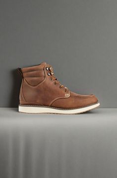 A rugged, workwear-inspired moc toe leather boot with sneaker-like comfort and all-day support. Order regular shoe size. (For half sizes not offered, order up to next whole size). Suggested Sock: Midweight. Padded collar and gusseted tongue to keep out debris. Waterproof Nor'easter leather for weather and stain protection. Lightweight, molded EVA midsole and outsole for lightweight comfort. Synthetic lining is moisture wicking and fast drying. Molded rubber perimeter outsole for traction and dur Rustic Lace-up Leather Work Boots, Casual Work Boots With Reinforced Toe For Outdoor Work, Casual Plain Toe Work Boots For Outdoor, Rugged Moc Toe Chukka Boots For Outdoor, Outdoor Work Boots With Waxed Finish And Round Toe, Casual Moc Toe Waterproof Boots For Outdoor Work, Waxed Finish Round Toe Boots For Outdoor Work, Casual Moc Toe Work Boots For Outdoor, Rugged Waterproof Ankle Boots With Goodyear Welt