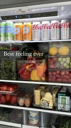 a refrigerator filled with lots of different types of drinks and food in bins next to each other