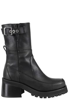 Feminine ankle boot - Ganni - Black color - Leather upper - Square toe - Strap with logo buckle applied on the shaft - Side zipper closure - Rubber sole - Heel height: 7 cm Expensive Handbags, Black Heel Boots, Golden Goose Shoes, Block Heel Boots, Sneaker Wedge, Sneaker Brands, Heel Boots, Platform Boots, Manolo Blahnik