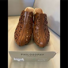 A Gorgeous And Authentic Pair Of Philosophy Springy Closed Toe Open Back High Heeled Clogs! Available With Original Box! Made In Italy! Elegant Brown Open Toe Clogs, Brown Leather Clogs With 4-inch Heel, Brown High Heel Clogs With 4-inch Heel, Elegant Clogs With 4-inch Heel And Round Toe, Brown Mules With 4-inch Heel And Round Toe, Elegant Brown Clogs For Spring, Chic Brown Almond Toe Clogs, Elegant Brown Spring Clogs, Leather Clogs With 4-inch Heel For Spring