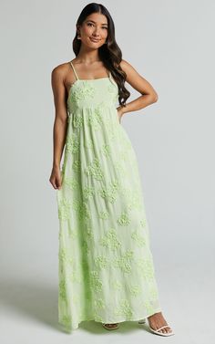 Claya Maxi Dress - Sleeveless Straight Neckline Floral Detail Dress in Lime | Showpo USA Exec Photoshoot, Summer Spritz, Lime Dress, Basic Black Dress, Neon Outfits, Bachelorette Dress, Cocktail Night, Dress Backless, Guest Attire