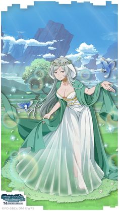 an anime character with long white hair wearing a green dress and holding a blue bird