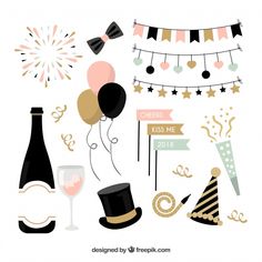 a set of party elements including balloons, hats and other items for a new year's eve celebration