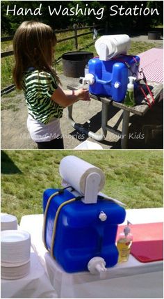 two pictures with the words hand washing station on them and an image of a child playing with