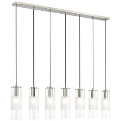 five lights hanging from a ceiling fixture with glass shades on the top and bottom bars