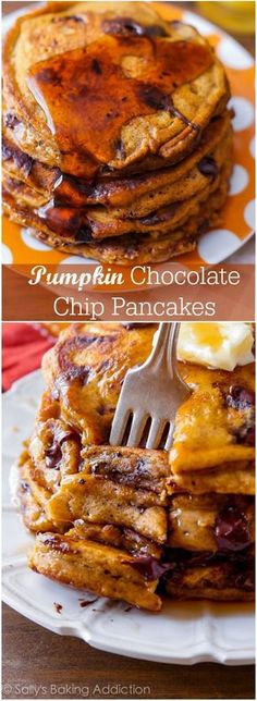 pumpkin chocolate chip pancakes are stacked on top of each other with a fork in the middle