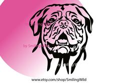 a black and white drawing of a dog's face on a pink circular background