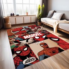 a living room filled with furniture and rugs covered in spiderman pictures on the floor