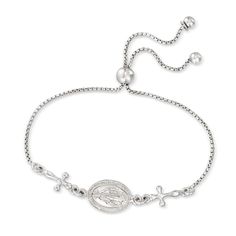 Ross-Simons - Italian Sterling Silver Miraculous Medal Bolo Bracelet. The Miraculous Medal is known for its spiritual expression of faith and dedication. Crafted in Italy, this meaningful bolo bracelet features the religious Virgin Mary motif sided by two crosses on a box chain. Polished sterling silver. Adjusts to fit most wrists. Sterling silver Miraculous Medal bolo bracelet. Grit And Grace, Bolo Bracelet, Silver Gift Box, Southwest Jewelry, Italian Jewelry, Miraculous Medal, Chain Extenders, Fine Jewelry Bracelets, Anklet Bracelet