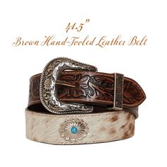 [MIRKY BROWN HAND-TOOLED LEATHER BELT] Crafted with cowhide leather and turqouise embedded conchoes, this belt has a bold side to it. It is paired with a removable silver tone buckle which complements the silver conchos. This mirky brown belt has antique silver-tone buckle which gives it an elegant, old school vibe. The floral pattern etched across the belt gives a delicate look to it. - Materials: FUR LEATHER BELT - Item Width: 1.5 - Length: 41.5 *It is made from high quality leather. Every cre Adjustable Brown Belts With Silver Buckle, Brown Adjustable Belt With Silver Buckle, Adjustable Brown Belt With Silver Buckle, Leather Belt Crafts, Brown Hand, Belt Women, Bag Belt, Belt Leather, Hand Tooled Leather