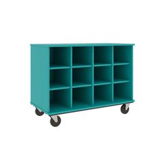 a blue storage unit with wheels on the bottom and shelves on the top, in front of a white background