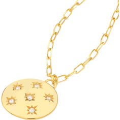 Immerse yourself in the world of opulence with the Diamond Star Cluster Medallion Necklace from Olas d'Oro. This exquisite piece encapsulates the timeless allure of antique craftsmanship, carefully forged in 14K yellow gold. As you drape it around your neck, you'll feel the weight of history and the elegance of a bygone era.At its heart, this medallion necklace boasts a breathtaking star cluster, a constellation of brilliance that's brought to life with 1/10 carat of scintillating diamonds. Each Luxury Pearl Pendant Chain Necklace, Elegant Star Of David Hallmarked Necklace, Celestial Style Pearl Pendant Necklaces, Engraved Star-shaped Yellow Gold Necklace, Luxury Diamond Necklace With Star Charm, Elegant Star Charm Pendant Jewelry, Gold Celestial Necklace With Polished Finish, Celestial Engraved Gold Plated Necklace, Celestial Round Necklace With Star Charm