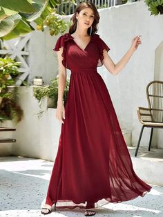 Elegant Pleated Bodice Ruffles Sleeves Chiffon Evening Dress Long Chiffon Evening Dress, Ruffles Sleeves, Dress With Ruffle Sleeves, Chiffon Evening Dresses, Ever Pretty, Dress Chiffon, Pleated Bodice, Chiffon Ruffle, Chiffon Bridesmaid Dress