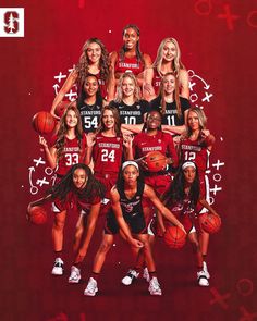 the women's basketball team is posing for a photo in front of a red background