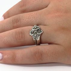 Forget Me Not Ring, Sterling Silver, Spoon Ring, Spoon ware Jewelry, Vintage Ring, Handmade Jewelry, Flower Ring, Gift For Mom, Gift For Girlfriend See more of our spoon rings here: https://www.etsy.com/shop/HoverHandmadeJewelry?ref=seller-platform-mcnav&section_id=48154802 See the rest of our store here: https://www.etsy.com/shop/HoverHandmadeJewelry Material: Crafted from genuine sterling silver for lasting beauty. Weight: 4gr Design: Features delicate forget-me-not flower motif. Spoon Ring: V Handmade Flower-shaped Ring, Vintage Flower Toe Ring As Gift, Vintage Flower Toe Ring For Gift, Vintage Flower Toe Ring Gift, Handmade Flower-shaped Promise Ring, Vintage Flower Toe Ring, Vintage Flower Shaped Rings For Gift, Vintage Flower Shaped Ring As Gift, Handmade Adjustable Flower Ring For Anniversary