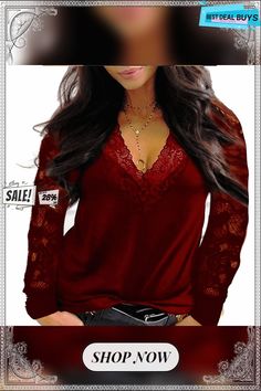 Women's Shirt Blouse Black White Wine Solid Color Floral Lace Long Sleeve Daily Date Casual Sexy Holiday V Neck Regular L Clothes Y2k, Black Tee Shirt, Women's Outfits By Occasions, Lace Long Sleeve, Women Shirts Blouse, Neck Lace, Winter Clothes, Office Lady, Long Sleeve Tunic