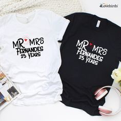 Celebrate your special anniversary with Mr. & Mrs. Matching Anniversary Outfits! This custom wedding gift is perfect for couples looking for a unique way to commemorate their big day. Our matching shirts, hoodies, and sweatshirts come in a Matching Set, with fun designs and quotes that are sure to bring a smile to your face. Whether you're looking for cute couple shirts, his and her shirts, funny matching shirts, or even a cheesy couple hoodie, we've got you covered! Shop now and find the perfec Custom Text Crew Neck Top For Anniversary, Customizable Cotton Tops For Anniversary, White Tops For Valentine's Day Anniversary, Graphic Print Top For Valentine's Day Anniversary, Customizable Black T-shirt For Anniversary, Personalized White Tops For Valentine's Day, Custom Print White Tops For Anniversary, Custom Print White Top For Anniversary, White Custom Print Top For Anniversary