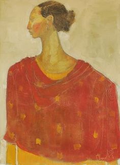 a painting of a woman in red and yellow