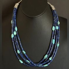 Sterling Silver Multi Strand Stone Lapis Turquoise Bead Necklace. 24 Inch Affordable Multi-strand Turquoise Beaded Necklaces, Turquoise Beaded Multi-strand Necklace, Affordable Multi-strand Beaded Turquoise Necklace, Turquoise Faceted Multi-strand Beaded Necklaces, Multi Strand Beaded Necklace, Blue Turquoise Multi-strand Necklace With Polished Beads, Turquoise Bead Necklaces, Turquoise Beads, Multi Strand