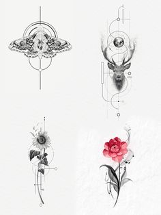 three different types of tattoos with flowers and deer heads on the back of their backs