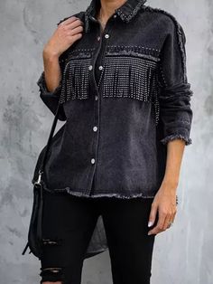 Women's Black Long Sleeve Fringe Denim Jacket Edgy Button-up Denim Jacket For Winter, Edgy Fall Tops With Pockets, Edgy Tops With Pockets For Fall, Winter Denim Jacket With Frayed Hem, Winter Denim Jacket With Frayed Hem And Button-up Design, Winter Denim Jacket With Frayed Hem And Button-up Style, Black Denim Outerwear With Frayed Hem, Edgy Long Sleeve Denim Jacket For Fall, Washed Black Long Sleeve Denim Jacket For Fall